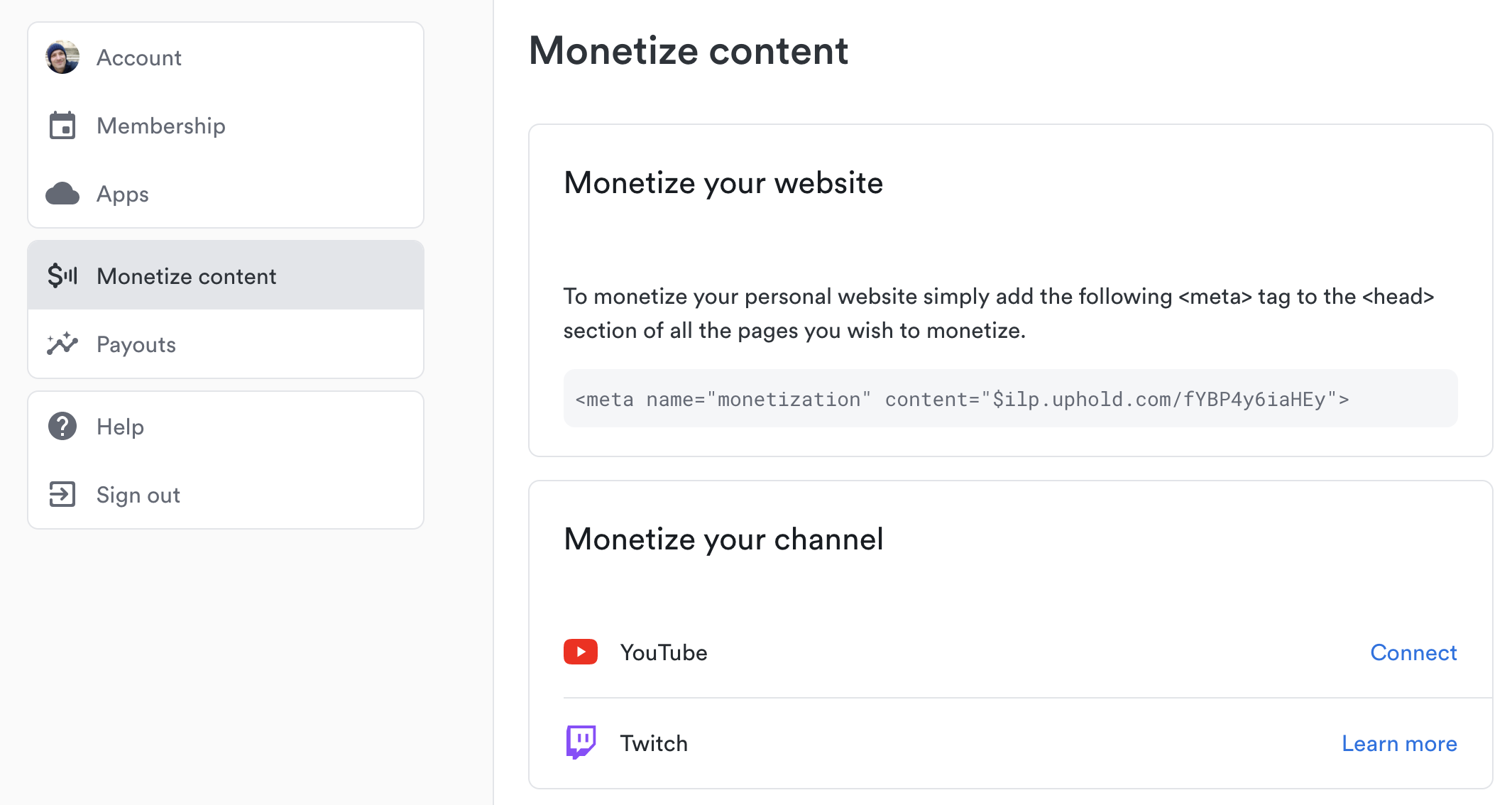Configuration of monetization settings in Coil